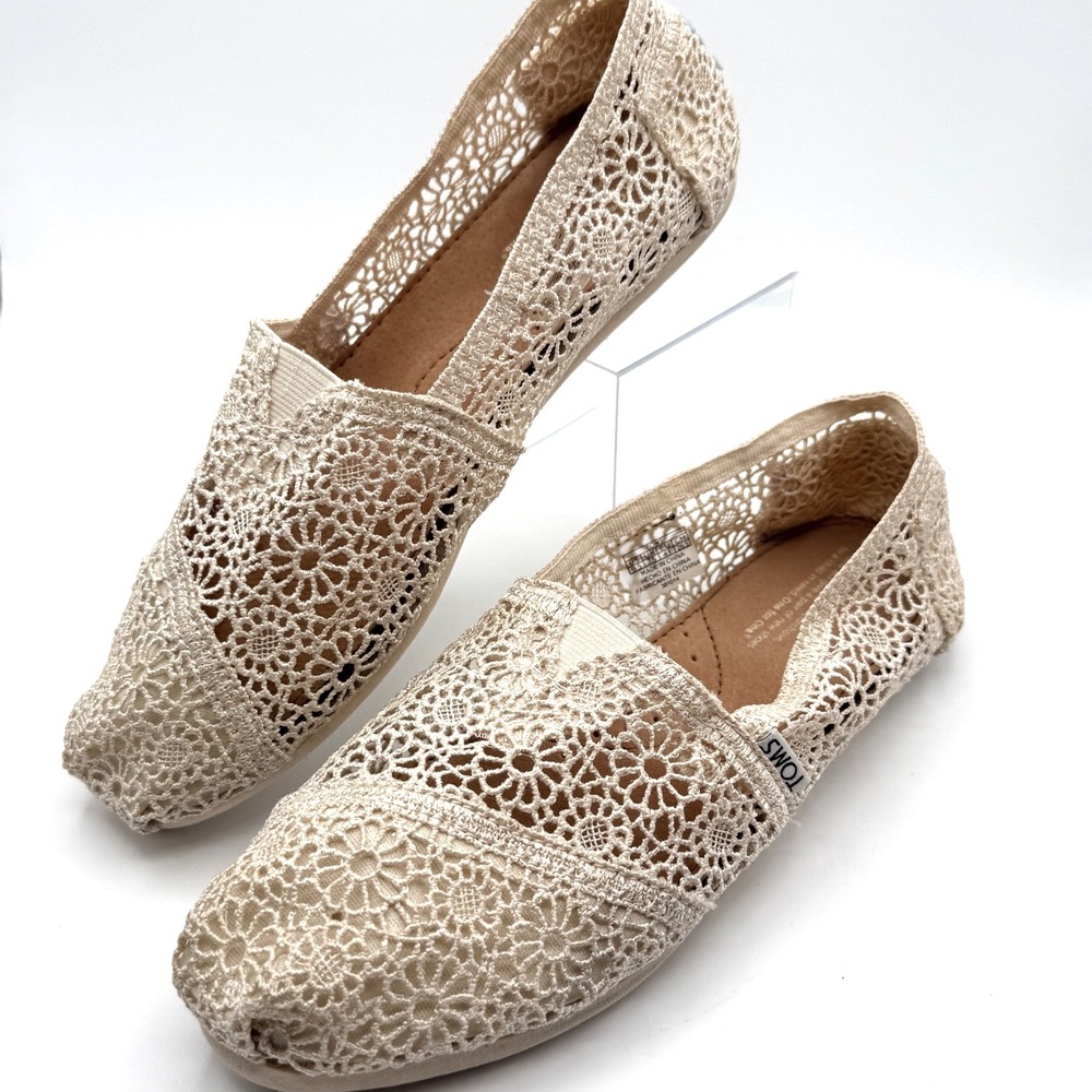 TOMS Classic Alpargata Natural Crochet Lace Slip On Shoes Womens‎ Size 9.5 Beige